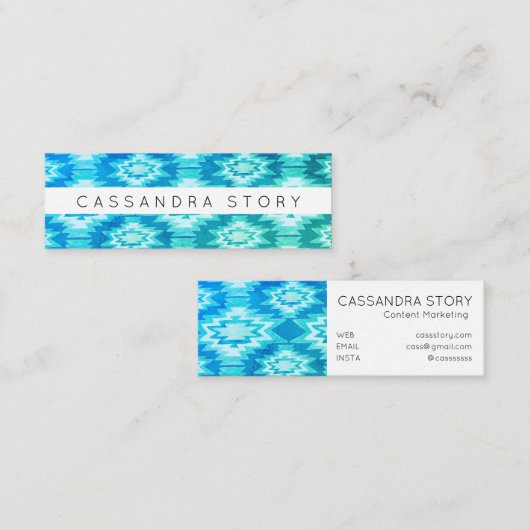 Boho Waterverf Stropdas-Dye Pattern Aqua Blue Mini Visitekaartje (Voorkant / Achterkant)
