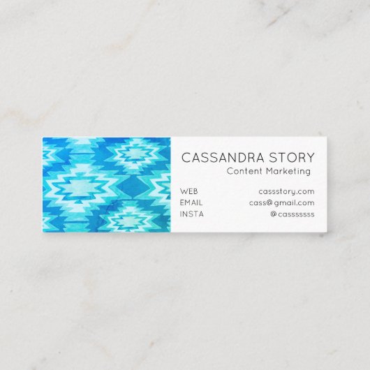 Boho Waterverf Stropdas-Dye Pattern Aqua Blue Mini Visitekaartje (Achterkant)
