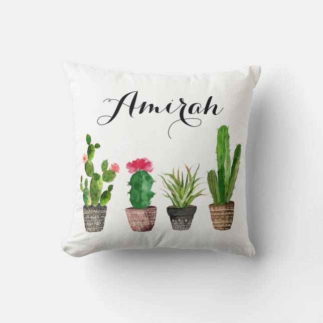 Boho Waterverf Succulenten gepersonaliseerd kussen (Voorkant)