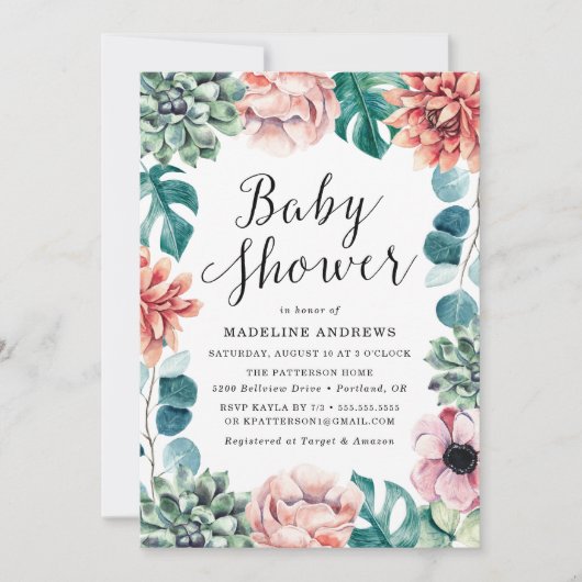 Boho Waterverf Succulents Baby shower Invitation Kaart (Voorkant)