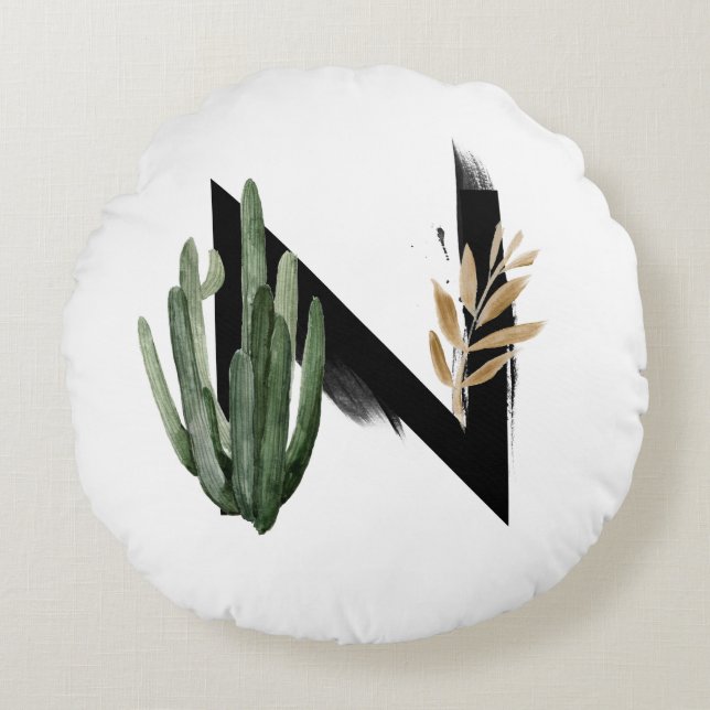 Boho Waterverf Succulents Letter H Monogram Rond Kussen (Voorkant)