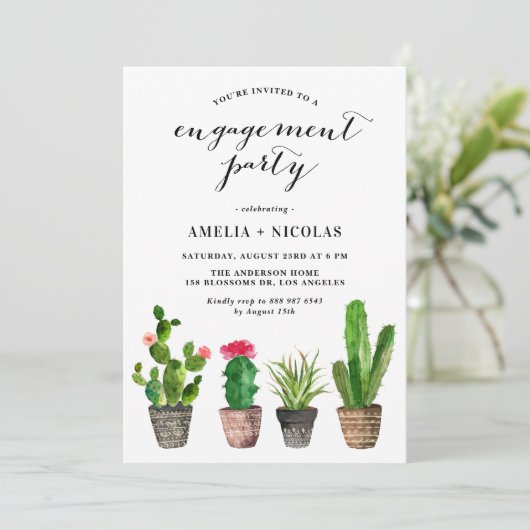 Boho Waterverf Succulents Summer Engagement Party Kaart (Staand voorkant)