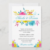 Boho Waterverf Summer Flowers Gold Lijst Wedding Kaart (Voorkant)