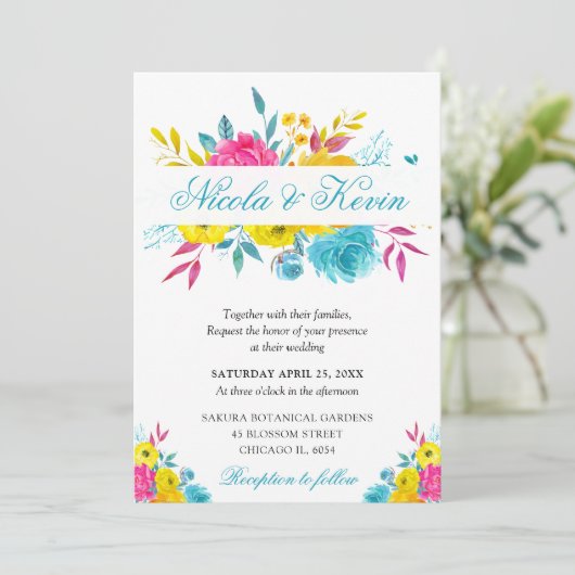 Boho Waterverf Summer Flowers Gold Lijst Wedding Kaart (Staand voorkant)