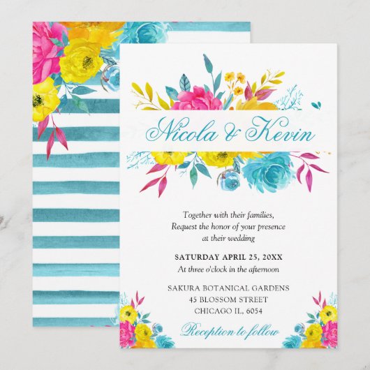 Boho Waterverf Summer Flowers Gold Lijst Wedding Kaart (Voorkant / Achterkant)