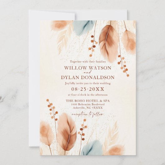 Boho Waterverf Terracotta Beige Blauw Pampasgras Kaart (Voorkant)