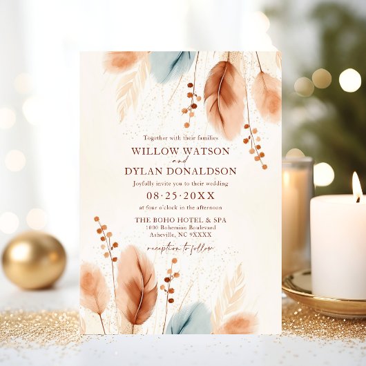 Boho Waterverf Terracotta Beige Blauw Pampasgras Kaart