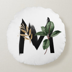 Boho Waterverf Tropical Leaves Letter M Monogram Rond Kussen