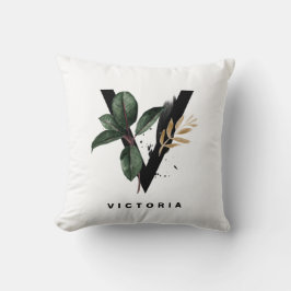 Boho Waterverf Tropical Leaves Letter v Monogram Kussen