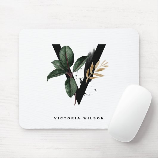 Boho Waterverf Tropical Leaves Letter v Monogram Muismat (Met muis)