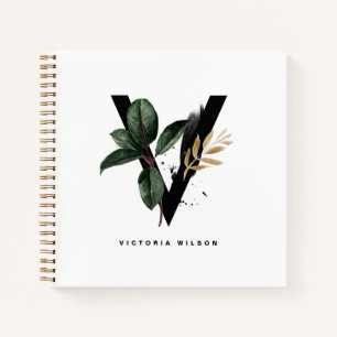 Boho Waterverf Tropical Leaves Letter v Monogram Notitieboek