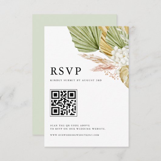 Boho Waterverf Tropische Fan Palm laat QR-code ach RSVP Kaartje (Voorkant / Achterkant)