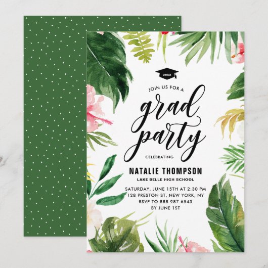Boho Waterverf Tropische Floral Lijst Afstuderen Kaart (Voorkant / Achterkant)