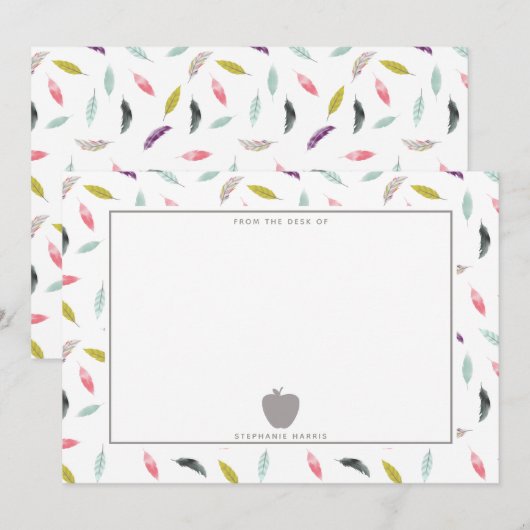 Boho Waterverf Veer grijs Apple-leraar Notitiekaartje (Voorkant / Achterkant)