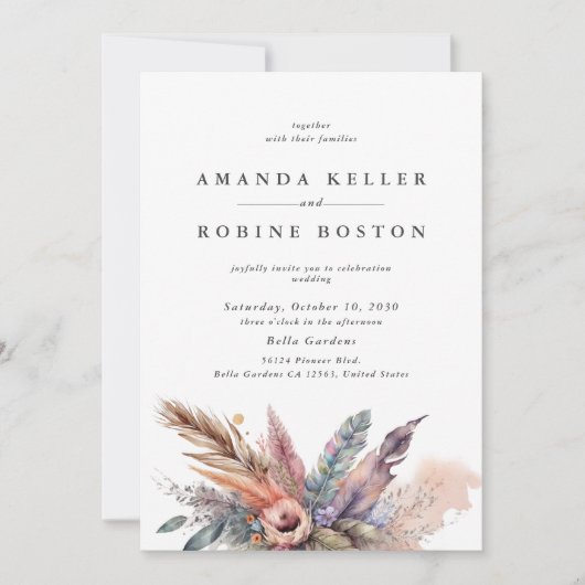 Boho Waterverf Veer Huwelijksuitnodiging Kaart (Voorkant)