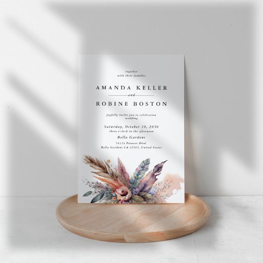 Boho Waterverf Veer Huwelijksuitnodiging Kaart