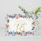 Boho Waterverf Veren Goud Sweet 16 Uitnodigingen (Staand voorkant)