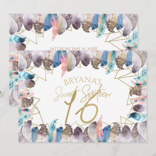 Boho Waterverf Veren Goud Sweet 16 Uitnodigingen (Voorkant / Achterkant)