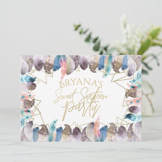 Boho Waterverf Veren Goud Zoet 16 Uitnodigingen (Staand voorkant)