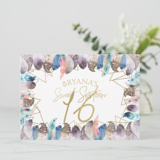 Boho Waterverf Veren Goud Zoet 16 Uitnodigingen (Staand voorkant)