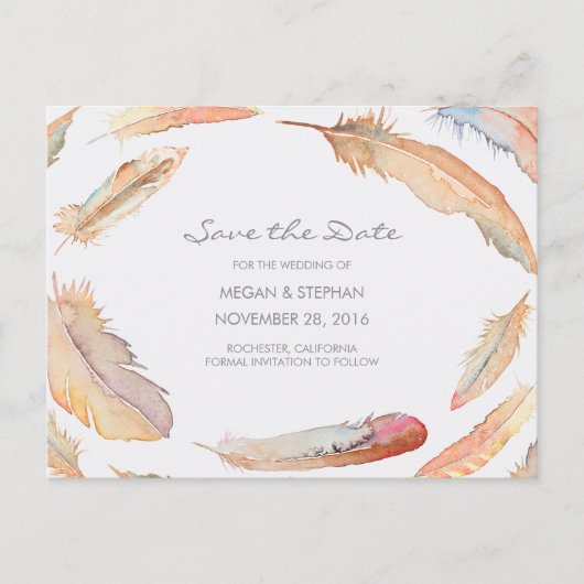 Boho Waterverf veren Save the Date Aankondigingskaart (Voorkant)