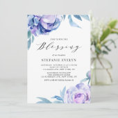 Boho Waterverf Violet Peony Flowers Baby Blessing Kaart (Staand voorkant)
