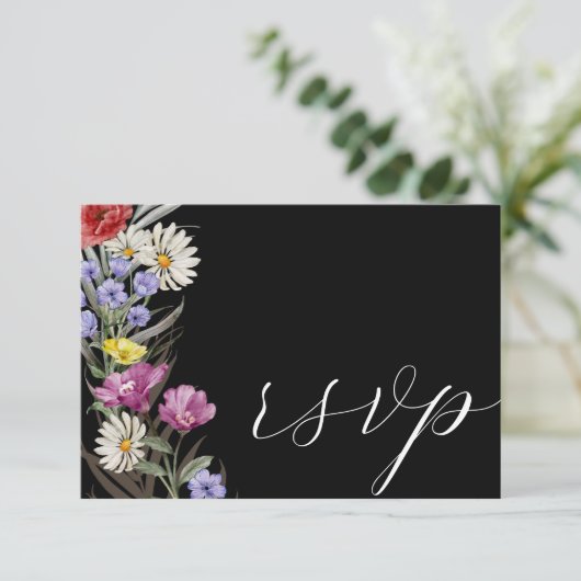 Boho Waterverf Wild Flower & Black Wedding RSVP (Staand voorkant)