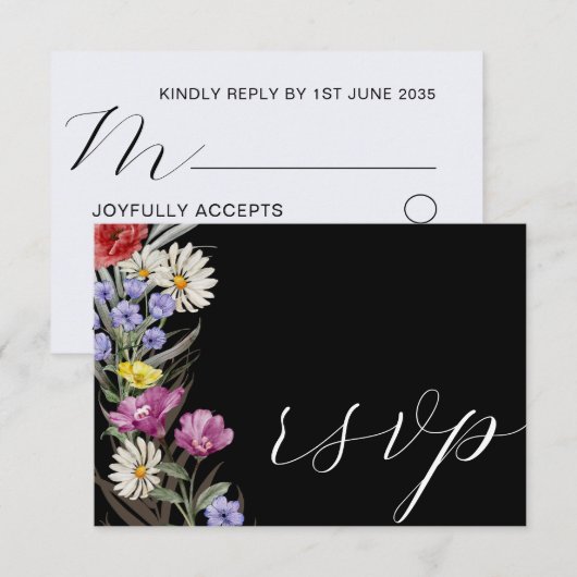 Boho Waterverf Wild Flower & Black Wedding RSVP (Voorkant / Achterkant)