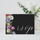 Boho Waterverf Wild Flower & Black Wedding RSVP Kaartje (Staand voorkant)
