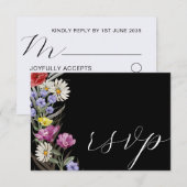 Boho Waterverf Wild Flower & Black Wedding RSVP Kaartje (Voorkant / Achterkant)