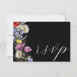 Boho Waterverf Wild Flower & Black Wedding RSVP Kaartje