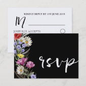 Boho Waterverf Wild Flower & Black Wedding RSVP Kaartje (Voorkant / Achterkant)