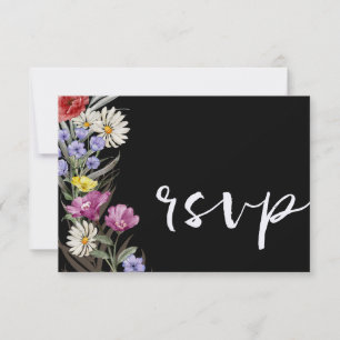 Boho Waterverf Wild Flower & Black Wedding RSVP Kaartje
