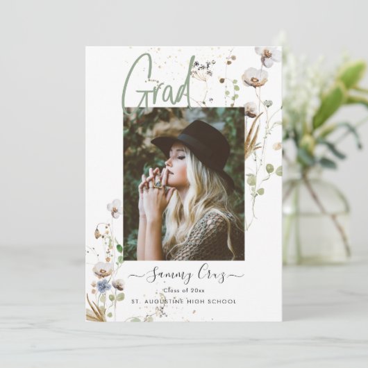 Boho Waterverf Wild Flowers Afstuderen Aankondiging (Staand voorkant)