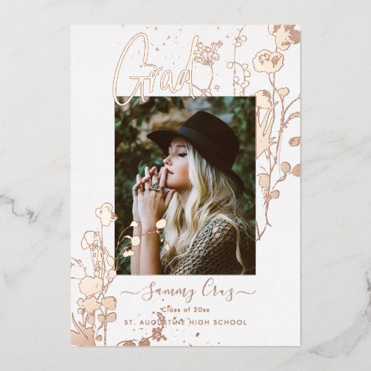 Boho Waterverf Wild Flowers Afstuderen Roos Gold Folie Uitnodiging (Voorkant)