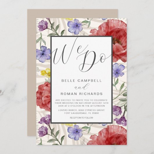 Boho Waterverf Wild Flowers Beige Wedding Kaart (Voorkant / Achterkant)