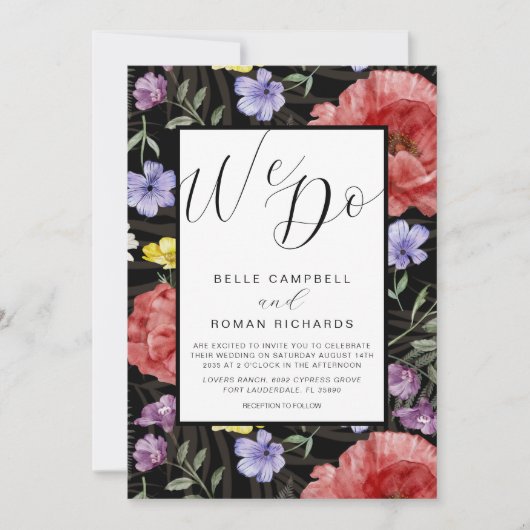 Boho Waterverf Wild Flowers Black & Red Wedding Kaart (Voorkant)