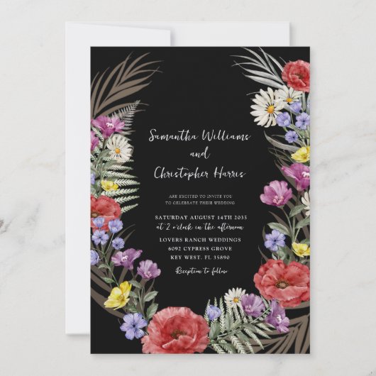 Boho Waterverf Wild Flowers Black Wedding Kaart (Voorkant)