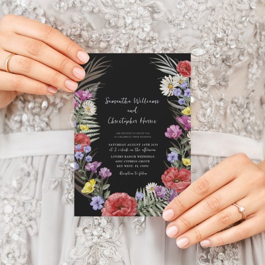 Boho Waterverf Wild Flowers Black Wedding Kaart