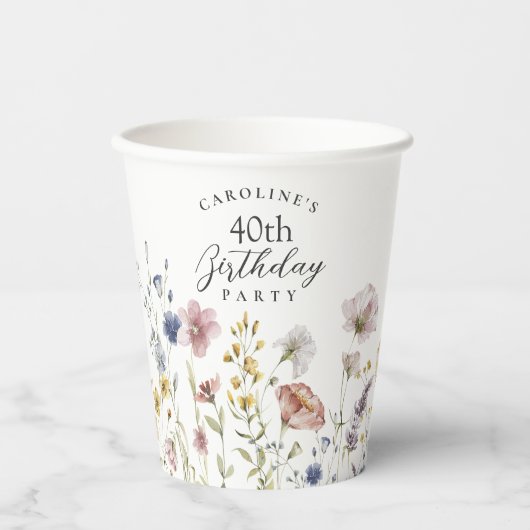 Boho Waterverf Wildbloemen Bloemen 40e Verjaardag Papieren Bekers (Voorkant)