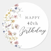 Boho Waterverf Wildbloemen Bloemen 40e Verjaardag Ronde Sticker (Voorkant)