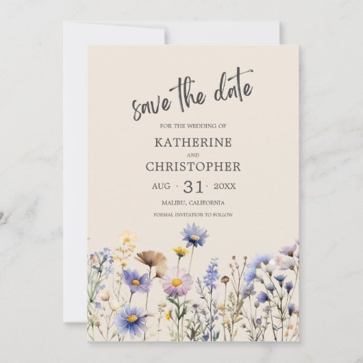 BOHO Waterverf Wildbloemen Elegant Beige Bruiloft Save The Date (Voorkant)