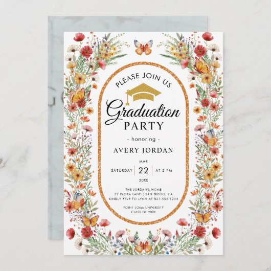 Boho Waterverf Wildbloemen Foto Graduation Party Kaart (Voorkant / Achterkant)