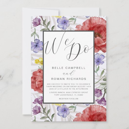 Boho Waterverf Wildbloemen Paarse bruiloft Kaart (Voorkant)