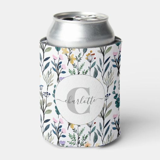 Boho Waterverf Wildbloemen Patroonmonogram Naam Blikjeskoeler (Blikje Voorkant)