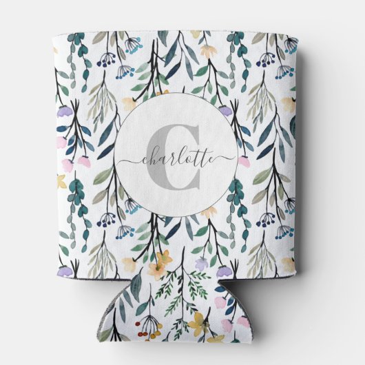Boho Waterverf Wildbloemen Patroonmonogram Naam Blikjeskoeler (Achterkant)