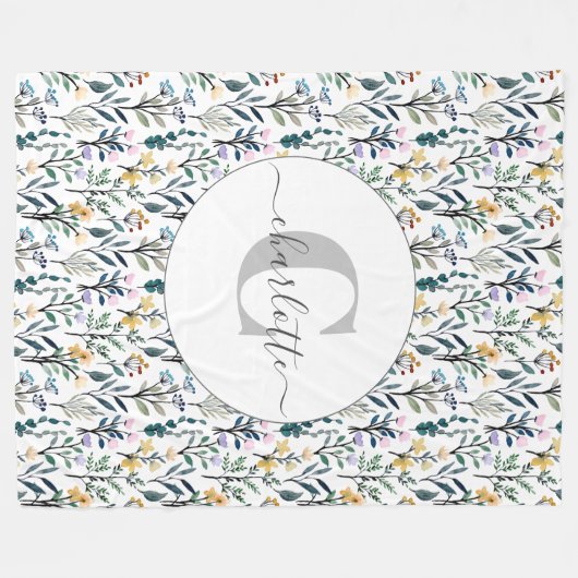 Boho Waterverf Wildbloemen Patroonmonogram Naam Fleece Deken (Voorkant (Horizontaal))