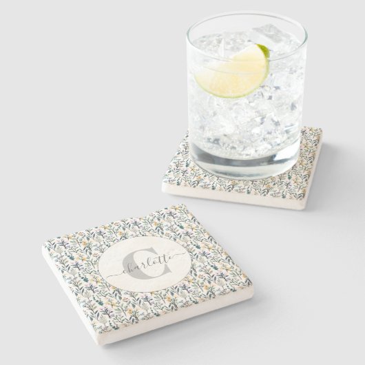 Boho Waterverf Wildbloemen Patroonmonogram Naam Stenen Onderzetter (Zijkant)
