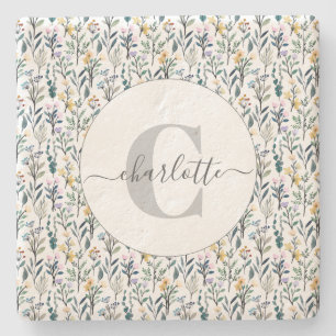 Boho Waterverf Wildbloemen Patroonmonogram Naam Stenen Onderzetter