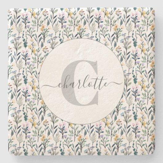 Boho Waterverf Wildbloemen Patroonmonogram Naam Stenen Onderzetter (Voorkant)